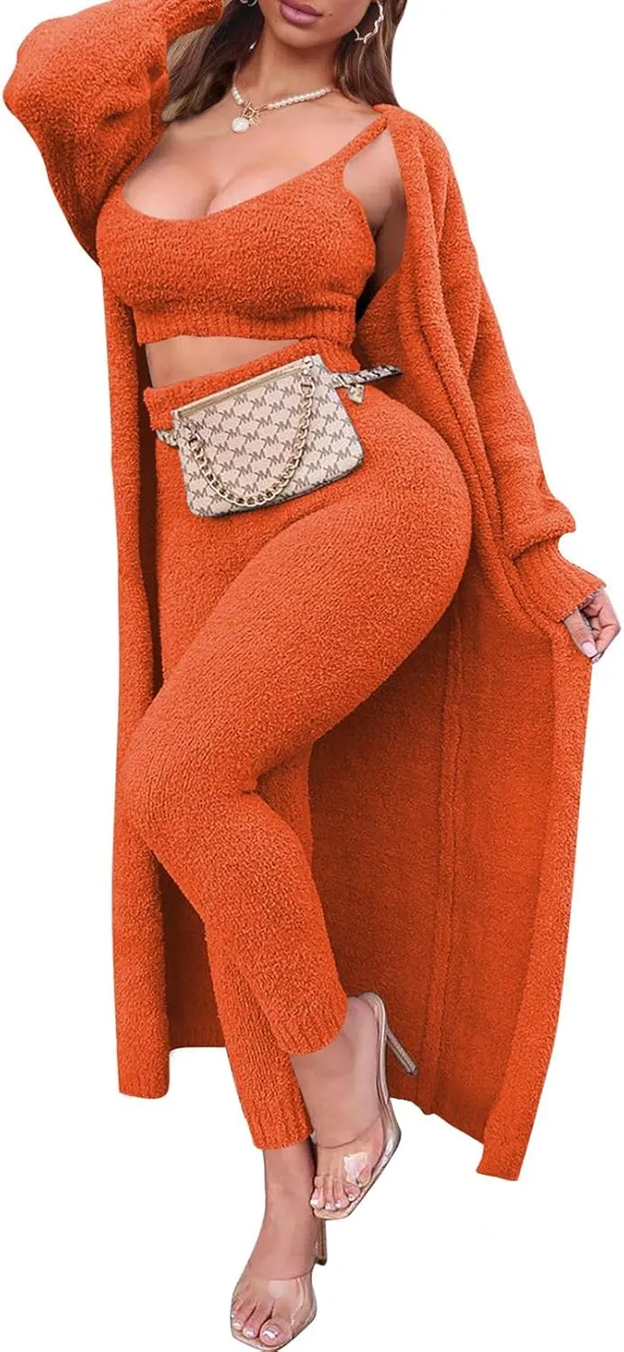 Women's Fleece 3 Pc Teddy Loungewear Spaghetti Strap Crop Tank Wide Long Pants Fuzzy Kimono Cozy Sweatsuit Set Light