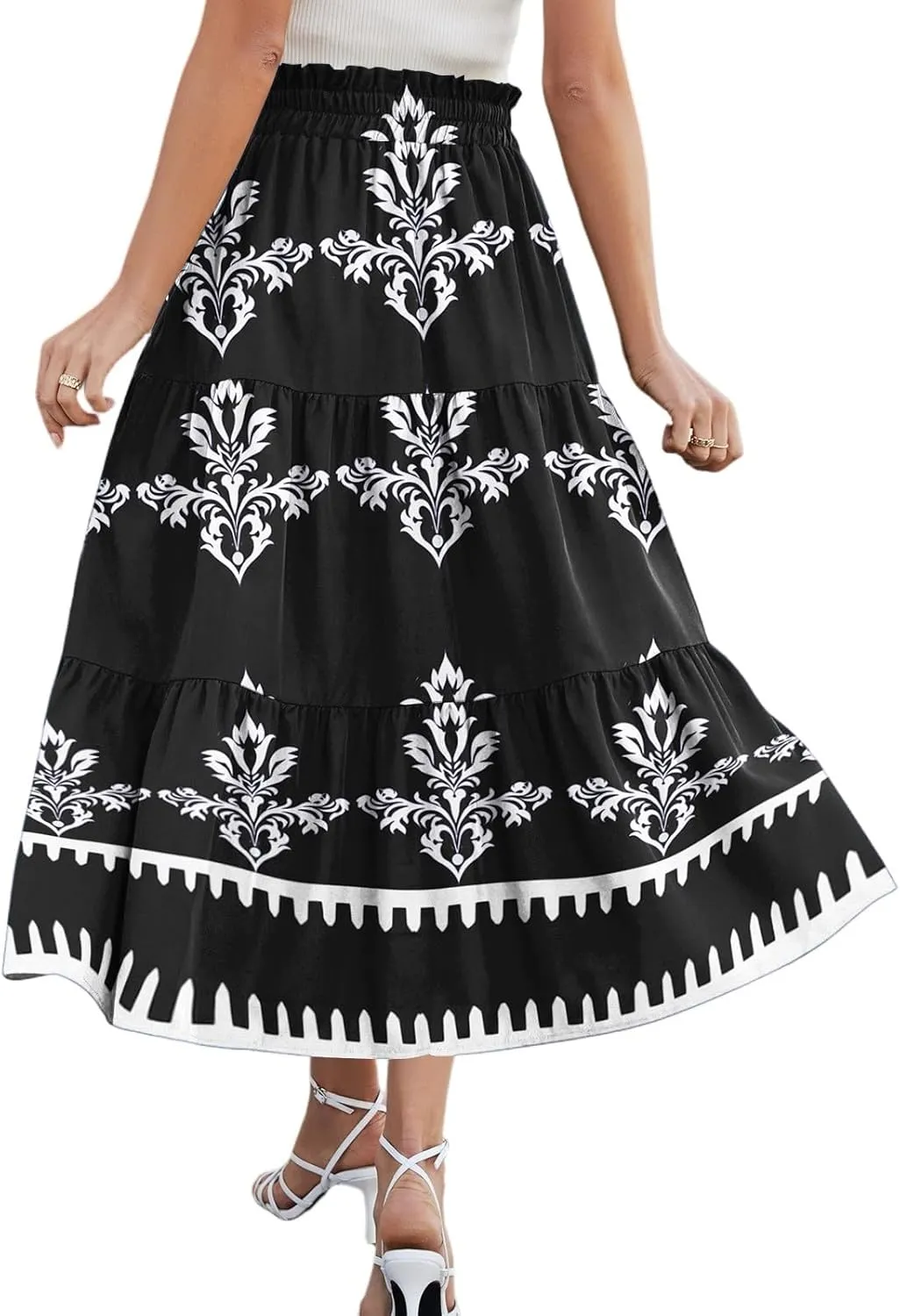 Women's Floral Skirt High Elastic Waisted Flowy Summer Skirts for Women Casual Midi Skirt (S-2XL)