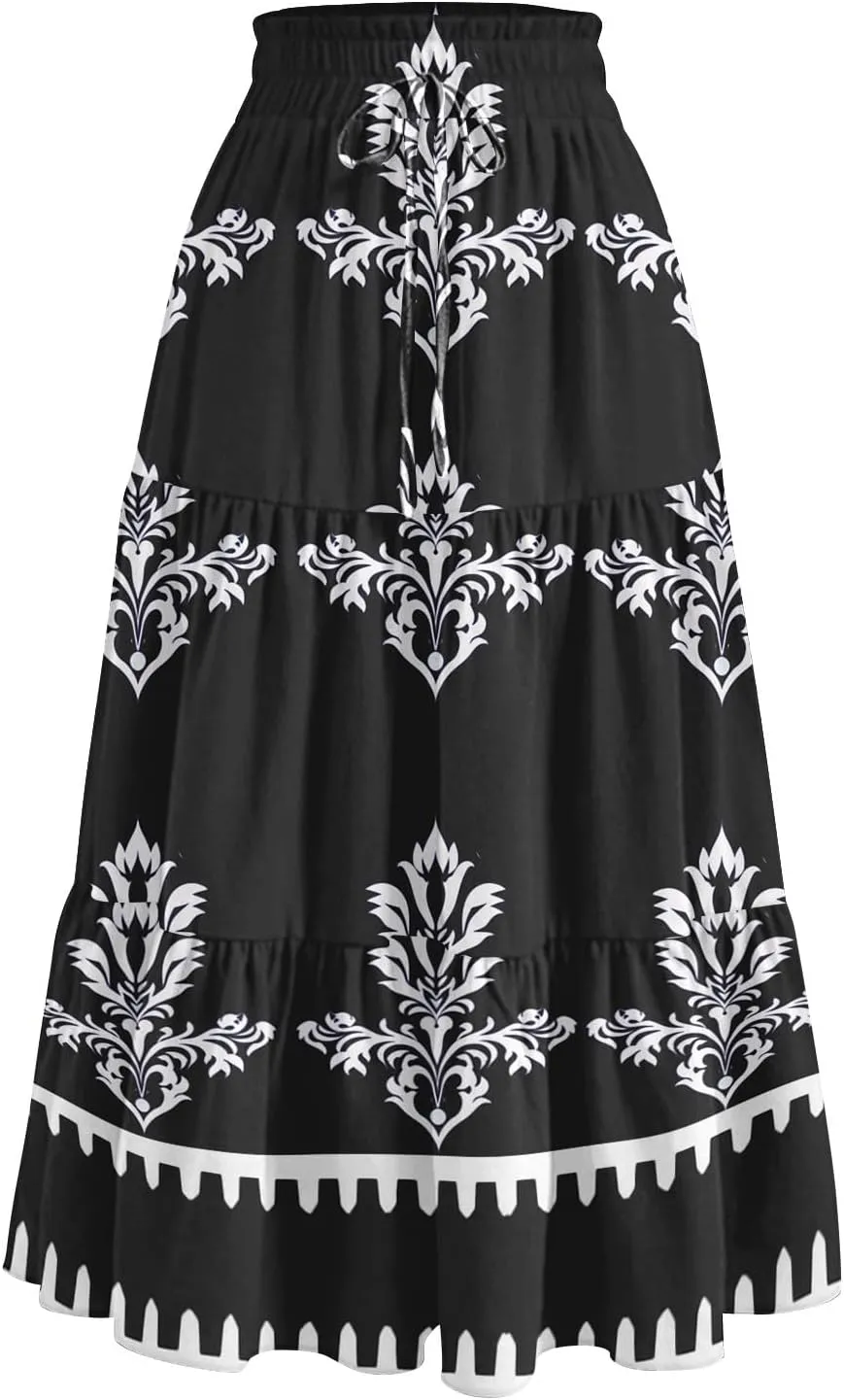 Women's Floral Skirt High Elastic Waisted Flowy Summer Skirts for Women Casual Midi Skirt (S-2XL)