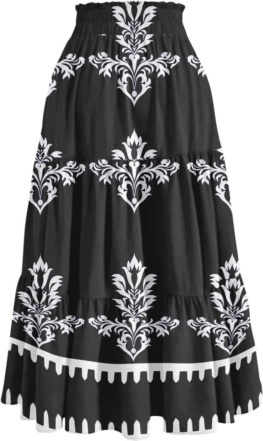 Women's Floral Skirt High Elastic Waisted Flowy Summer Skirts for Women Casual Midi Skirt (S-2XL)
