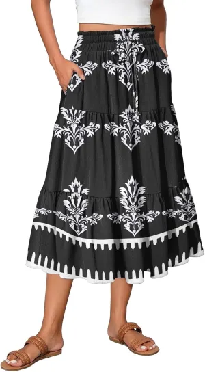 Women's Floral Skirt High Elastic Waisted Flowy Summer Skirts for Women Casual Midi Skirt (S-2XL)