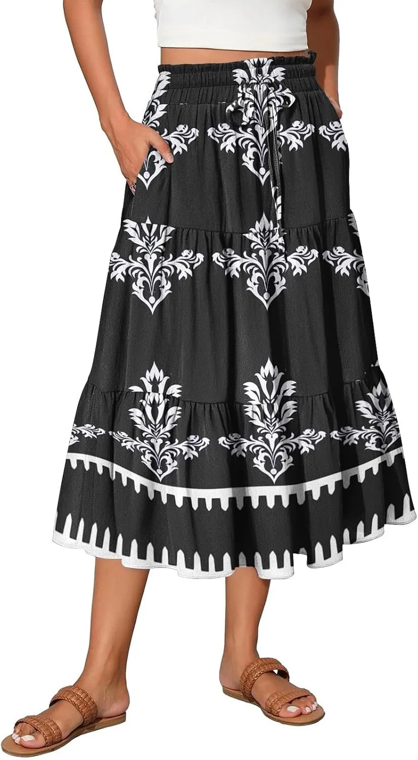 Women's Floral Skirt High Elastic Waisted Flowy Summer Skirts for Women Casual Midi Skirt (S-2XL)
