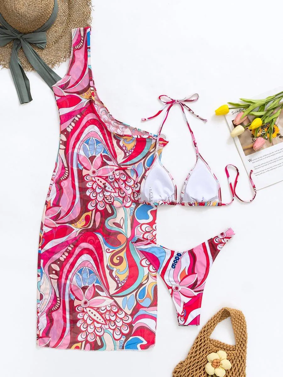 Women's Floral String Bikini Set with Cover Up - Sexy Beach Swimwear Ensemble