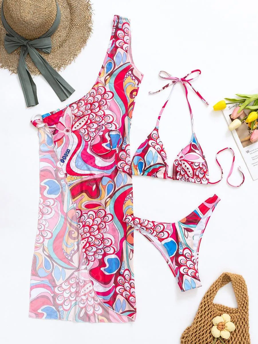Women's Floral String Bikini Set with Cover Up - Sexy Beach Swimwear Ensemble