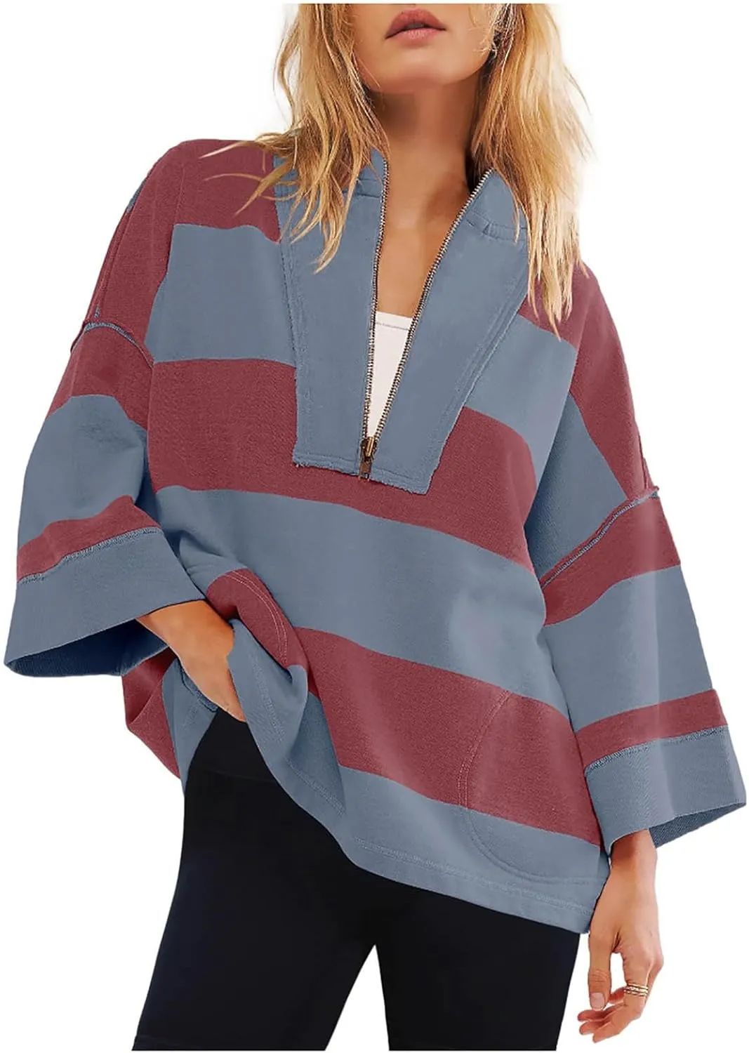 Womens Half Zip Striped Sweatshirt V Neck Oversized Hoodies Tops Casual Trendy Fall Outfits Loose Fit Preppy Clothes