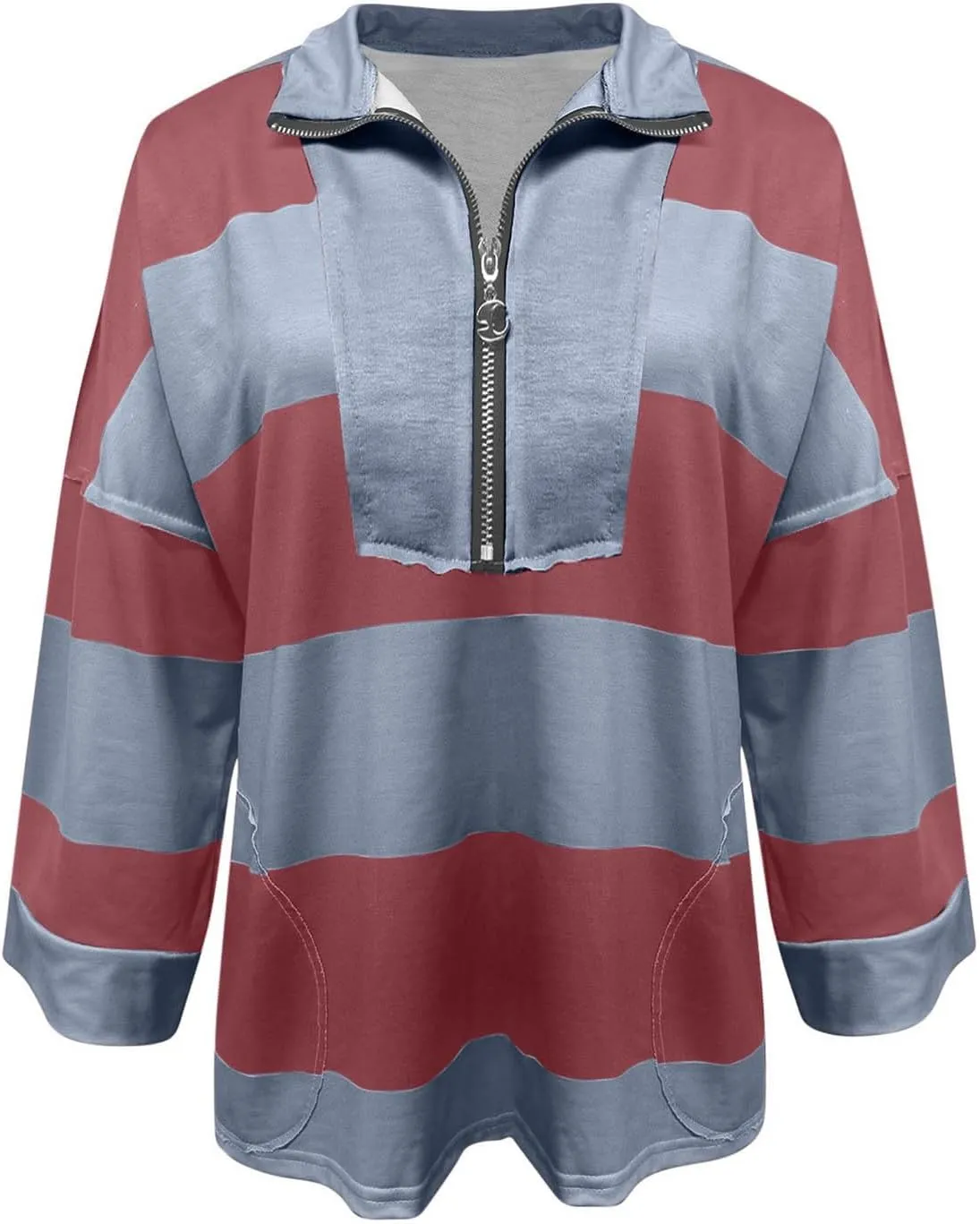Womens Half Zip Striped Sweatshirt V Neck Oversized Hoodies Tops Casual Trendy Fall Outfits Loose Fit Preppy Clothes