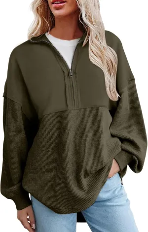 Womens Half Zip Up Sweatshirt Trendy Long Sleeve Oversized Pullover Tops Waffle Knit Hoodies Fall Outfits 2024