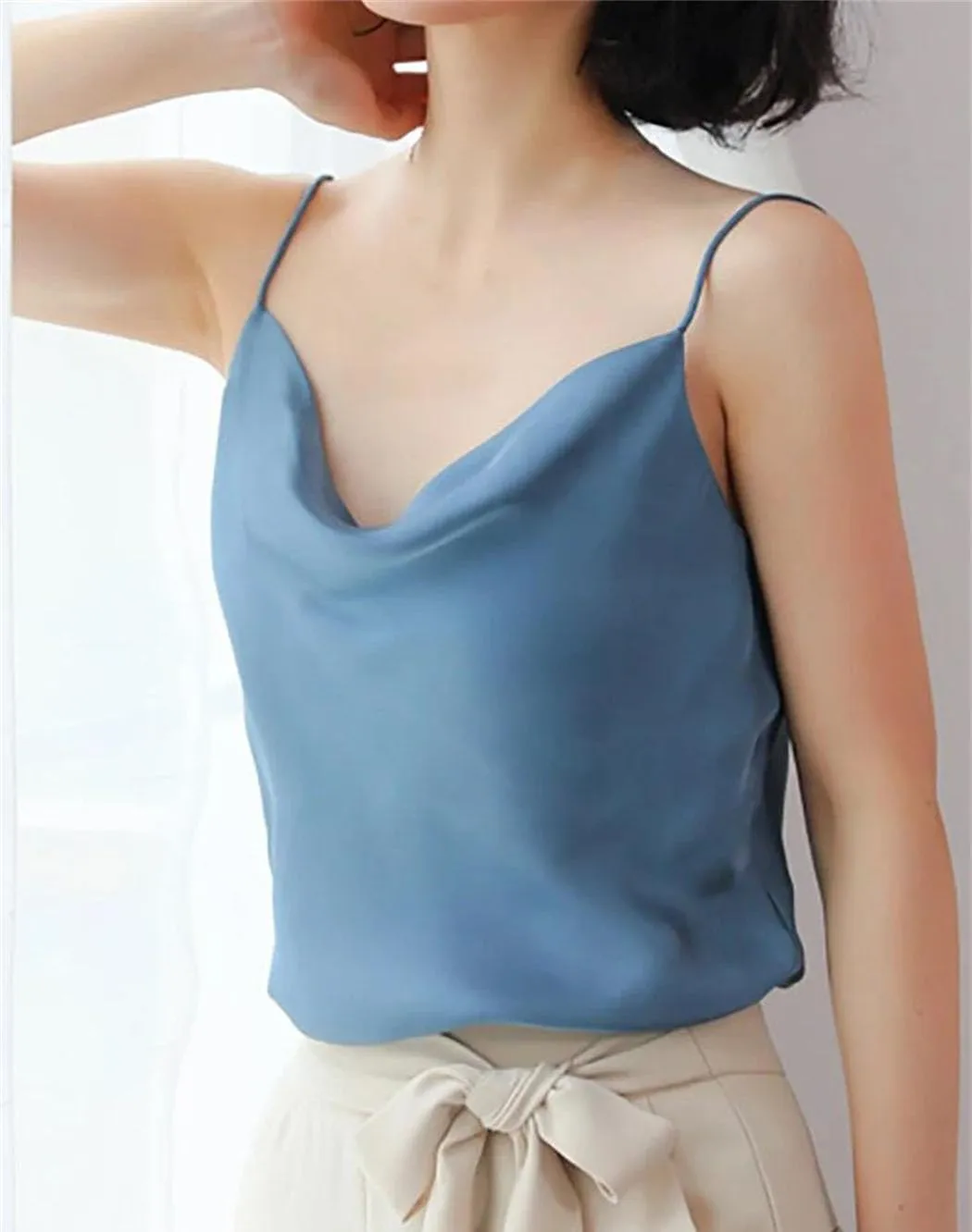 Women's Halter Neck Satin Camisole V-Neck Sleeveless Crop Top With Adjustable Straps Lightweight Summer Tank