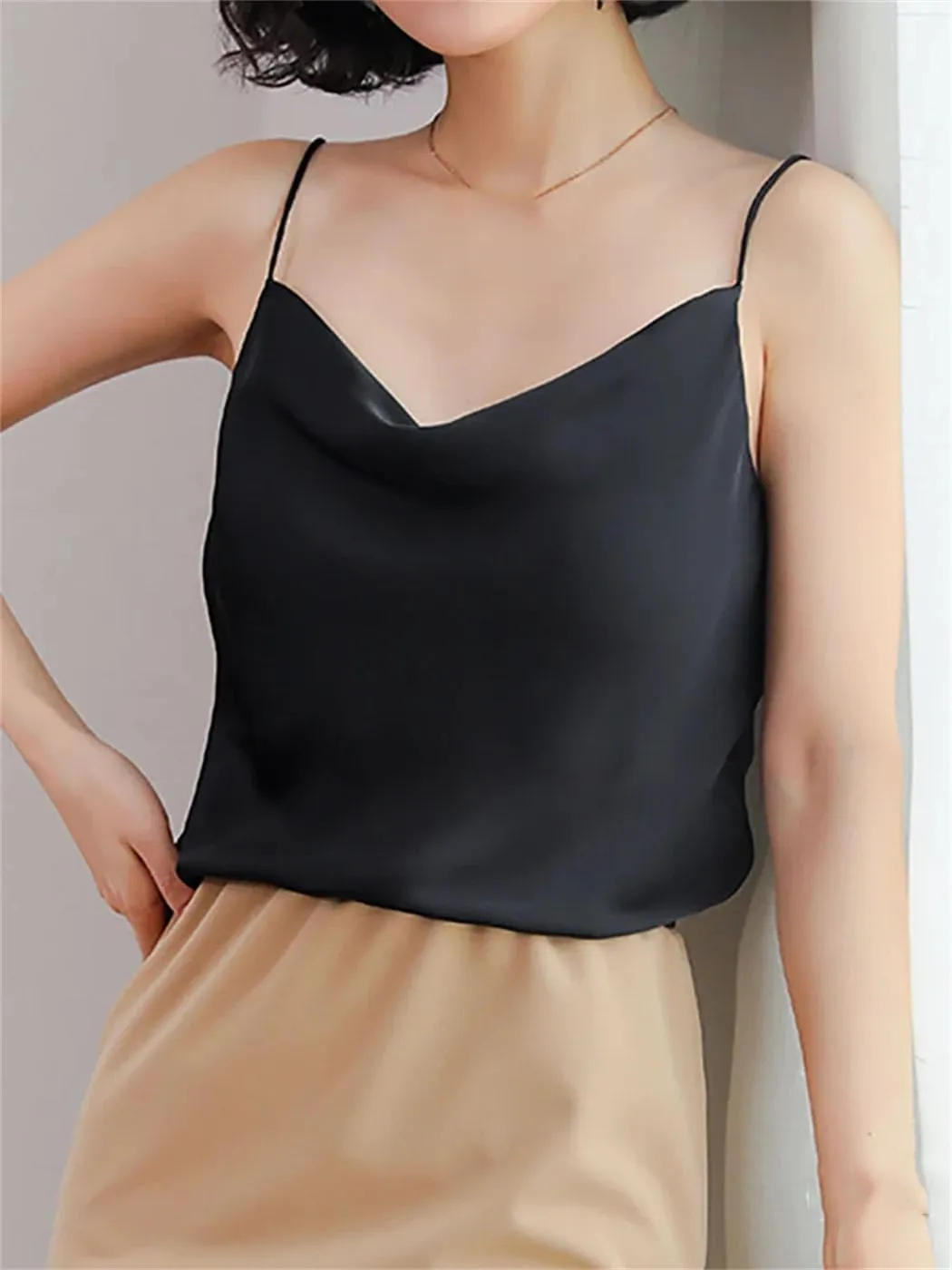 Women's Halter Neck Satin Camisole V-Neck Sleeveless Crop Top With Adjustable Straps Lightweight Summer Tank