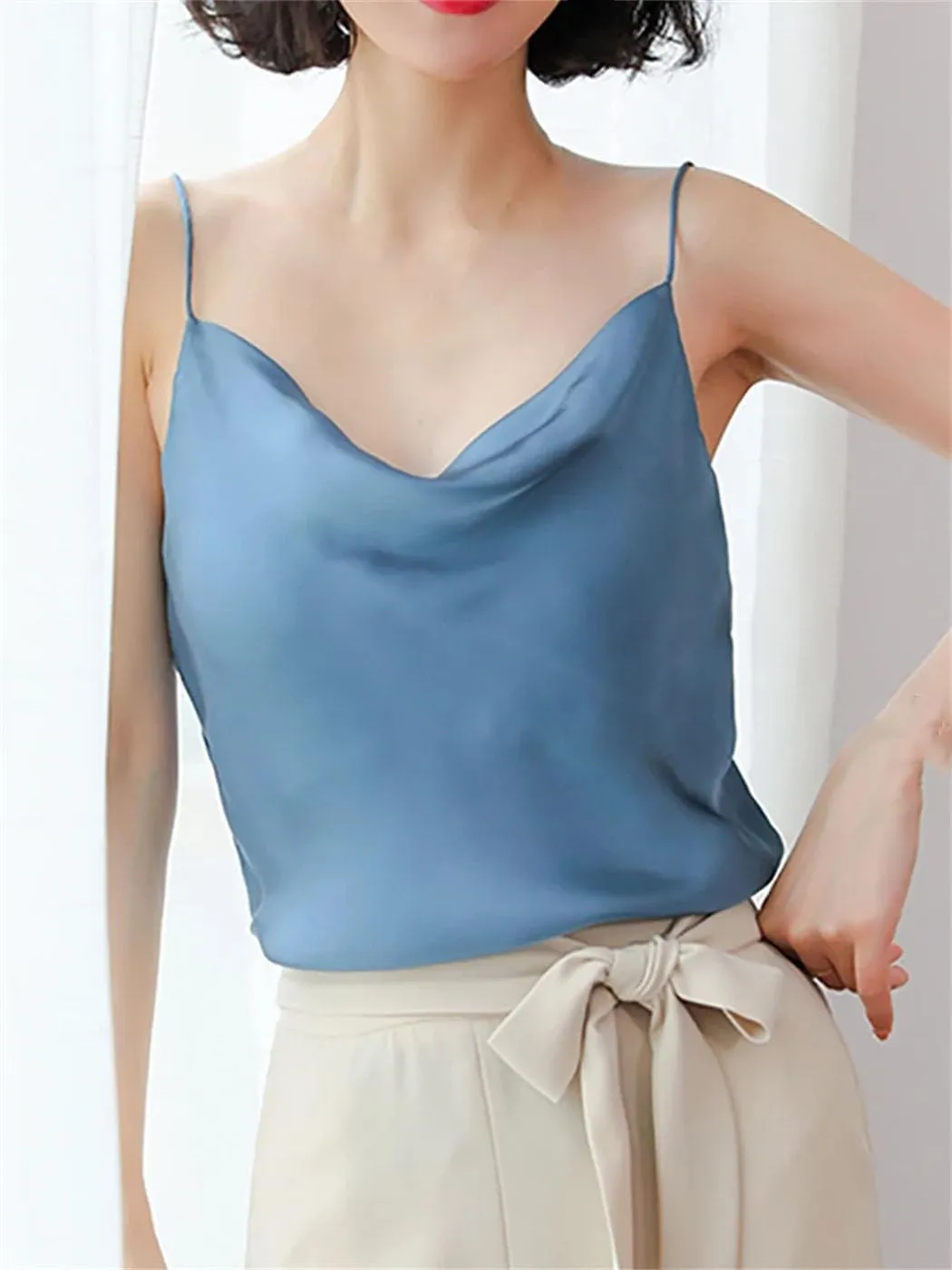 Women's Halter Neck Satin Camisole V-Neck Sleeveless Crop Top With Adjustable Straps Lightweight Summer Tank