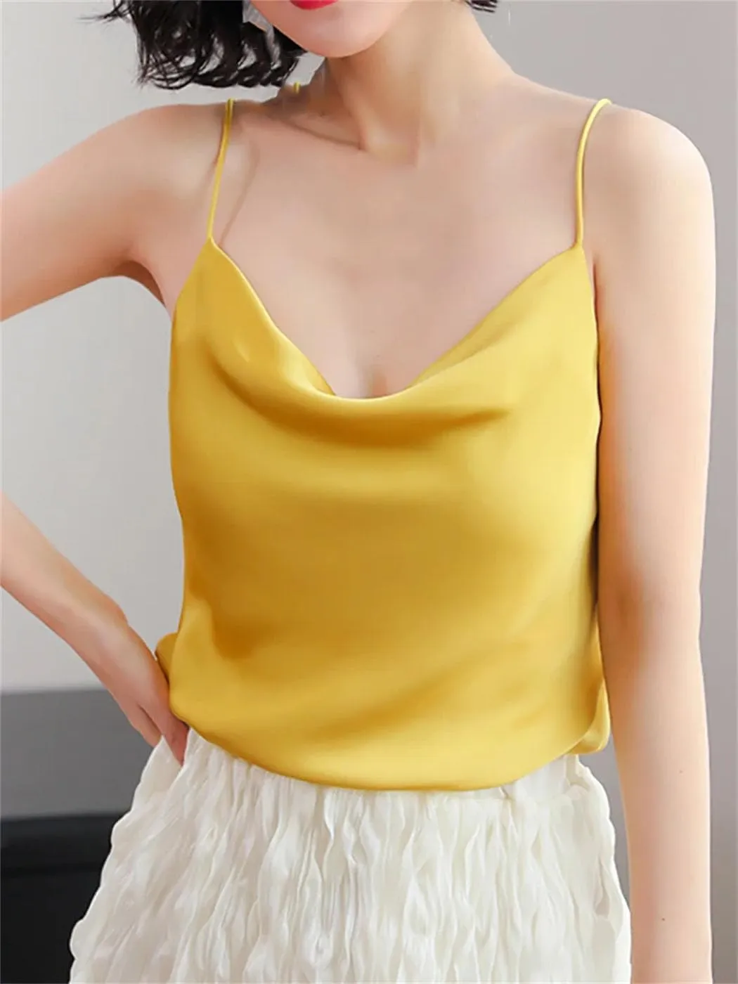 Women's Halter Neck Satin Camisole V-Neck Sleeveless Crop Top With Adjustable Straps Lightweight Summer Tank