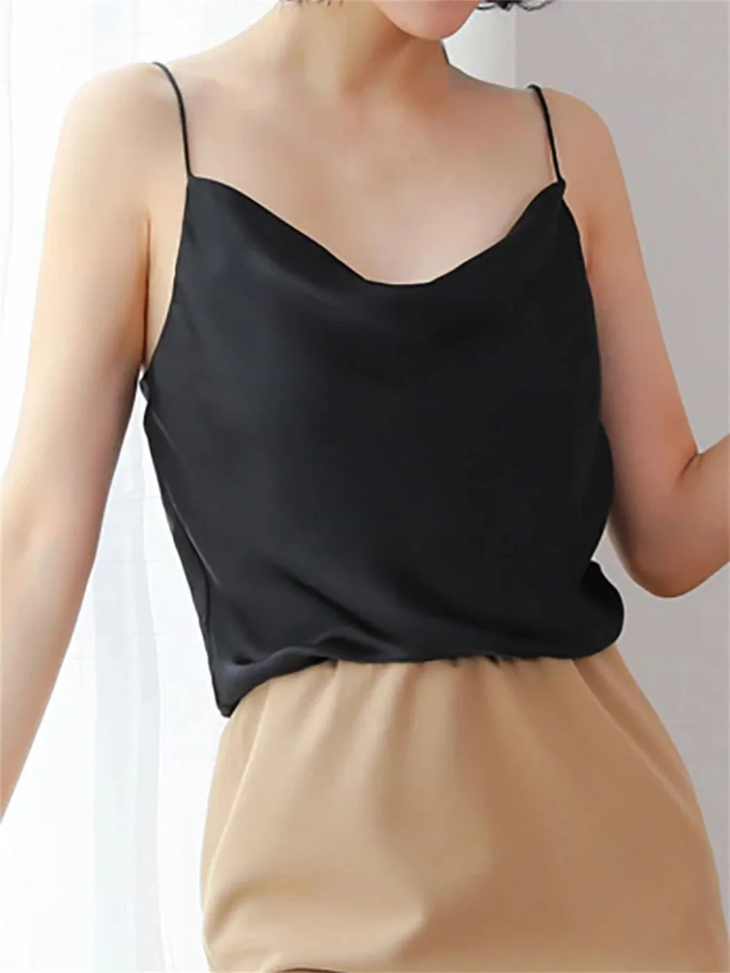 Women's Halter Neck Satin Camisole V-Neck Sleeveless Crop Top With Adjustable Straps Lightweight Summer Tank