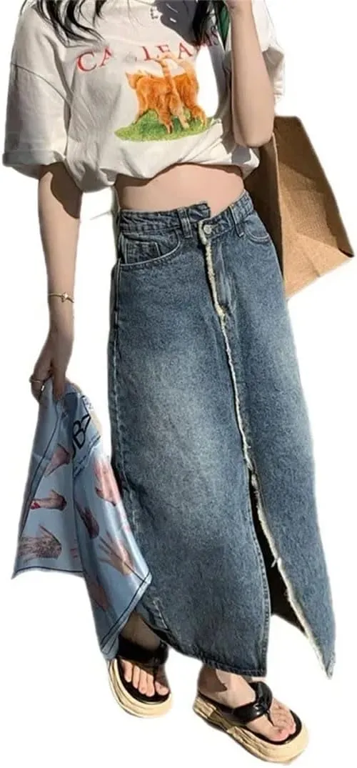 Women's High Waisted Denim Medium-Length A- Line Side Slit Washing Fringe Skirt