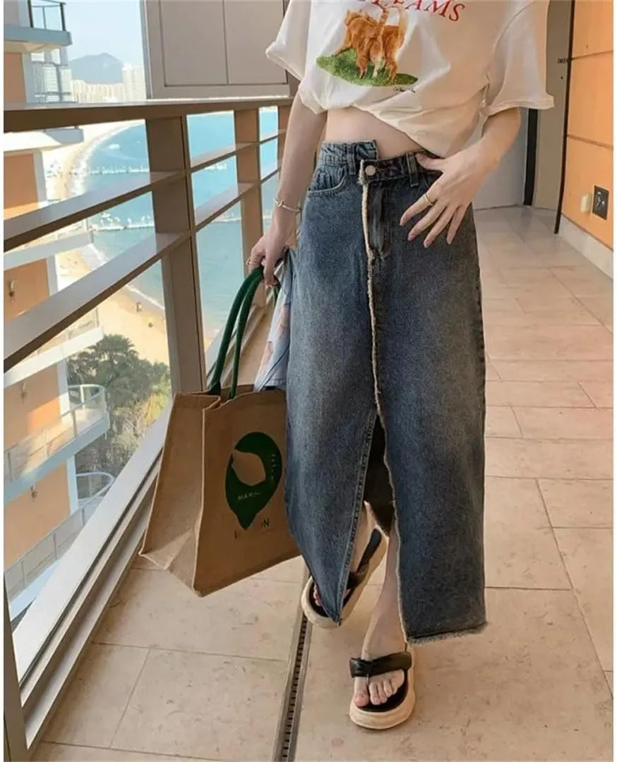 Women's High Waisted Denim Medium-Length A- Line Side Slit Washing Fringe Skirt