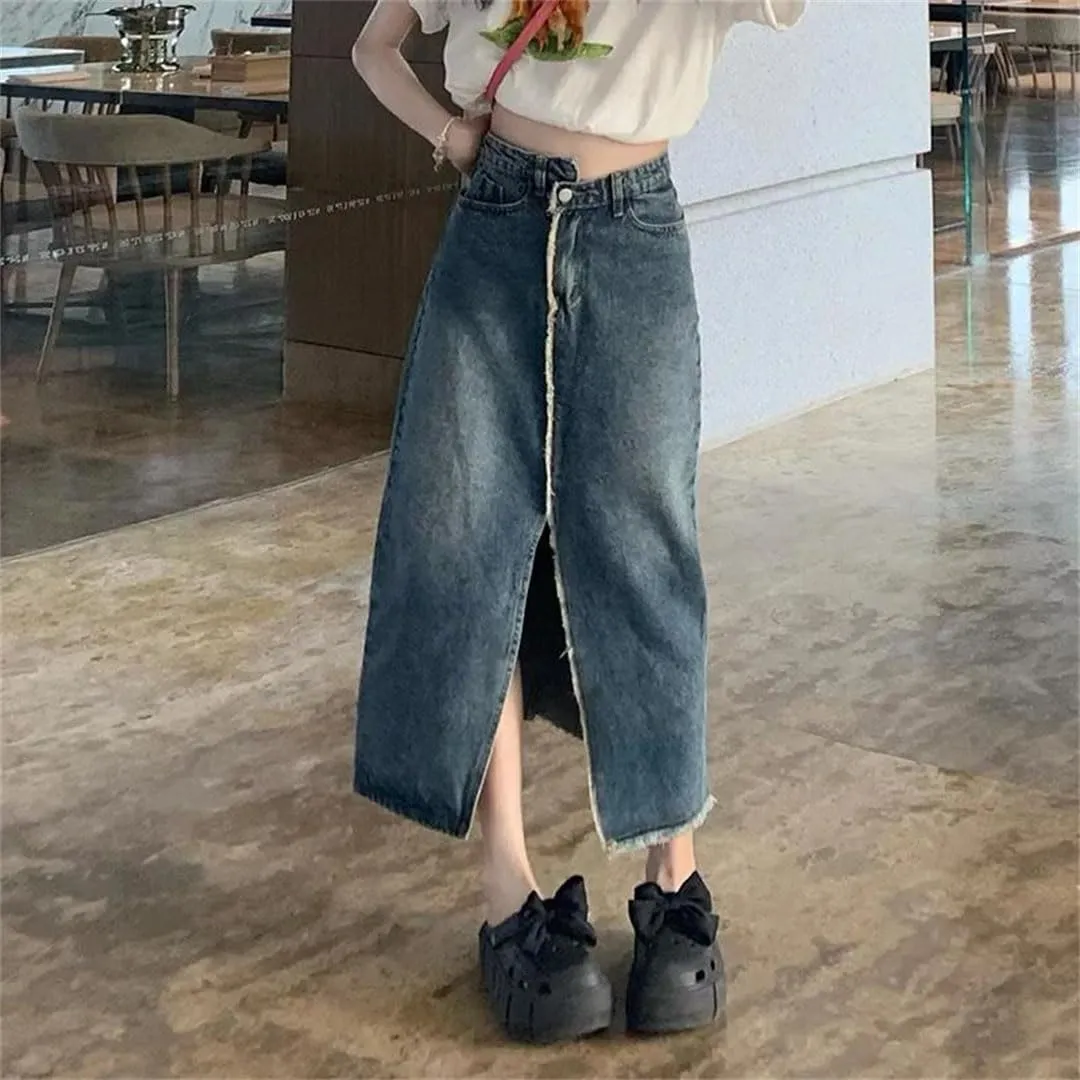 Women's High Waisted Denim Medium-Length A- Line Side Slit Washing Fringe Skirt
