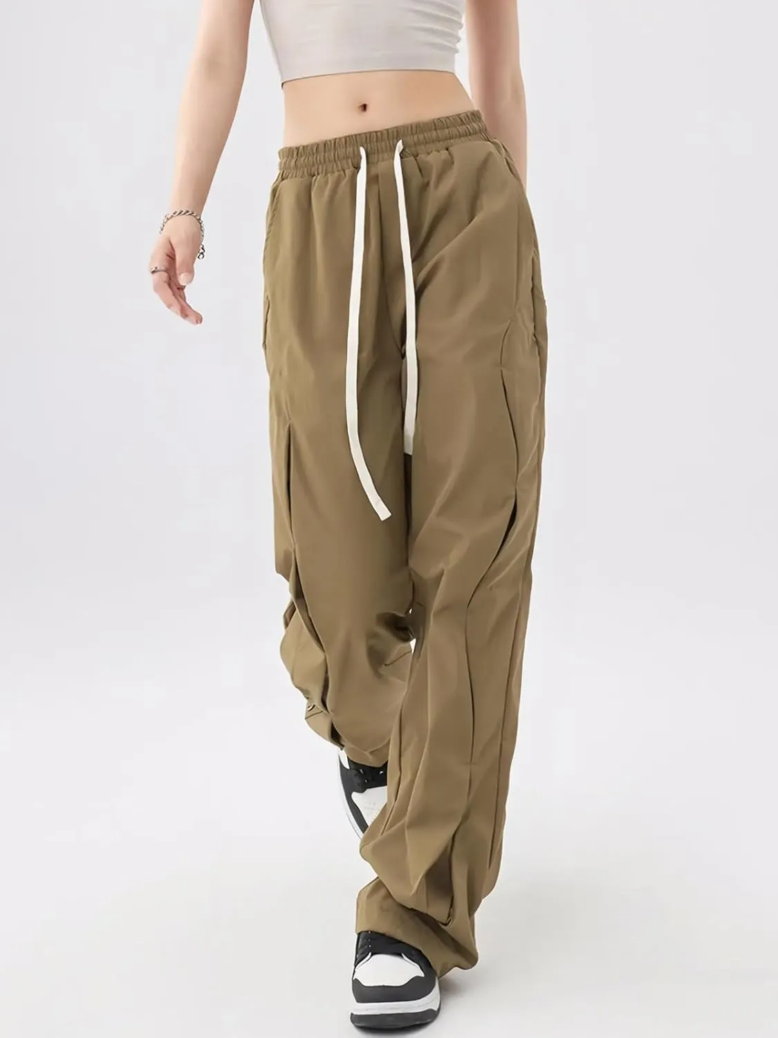 Womens Hiking Pants with Pockets Loose Fit Casual High Waisted Drawstring Wide Leg Lightweight Baggy Cargo Pants