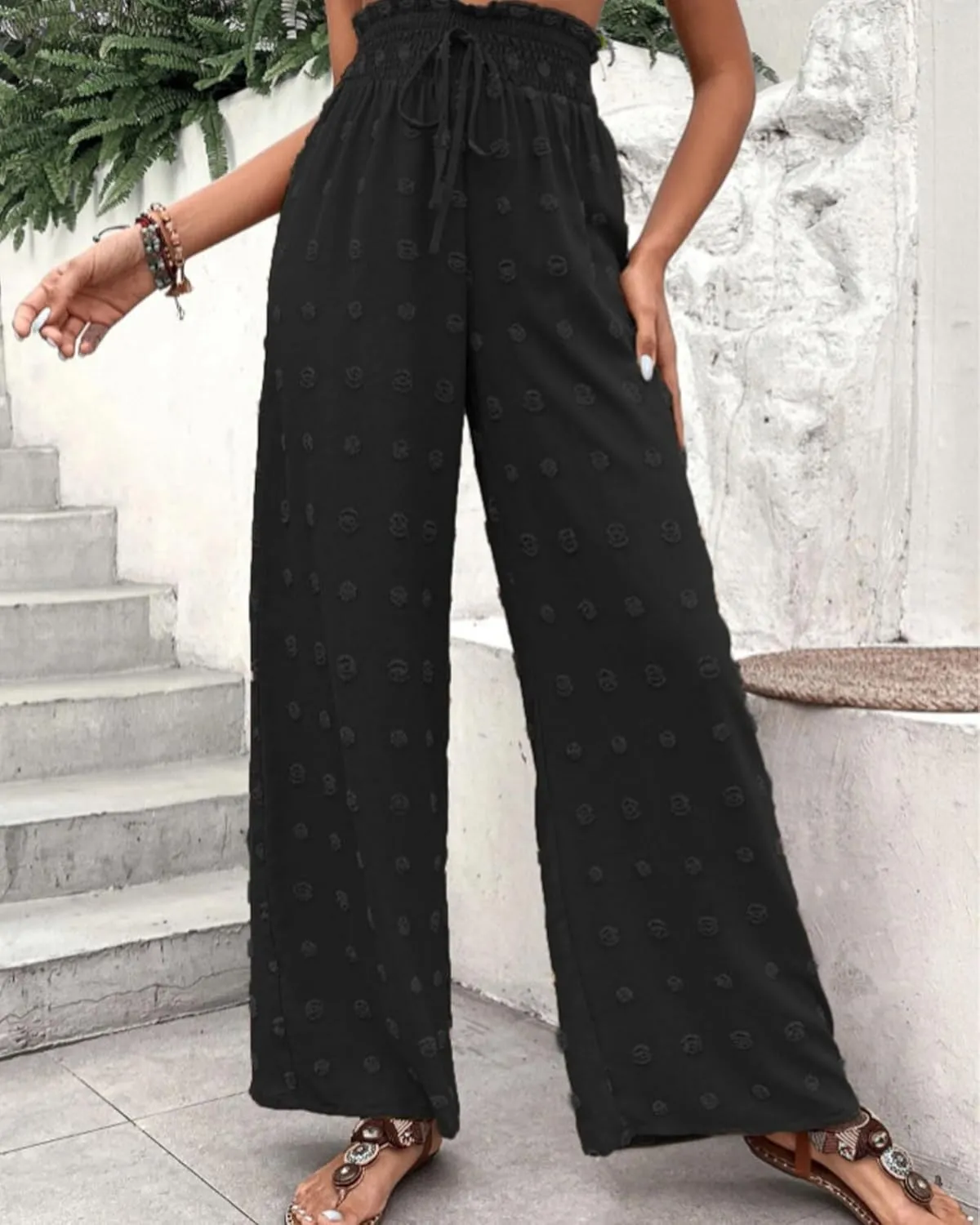 Women's Jacquard Wide Leg Pants with Pockets 2025 Spring Elegant High Waist Adjustable Knot Casual Loose Trousers