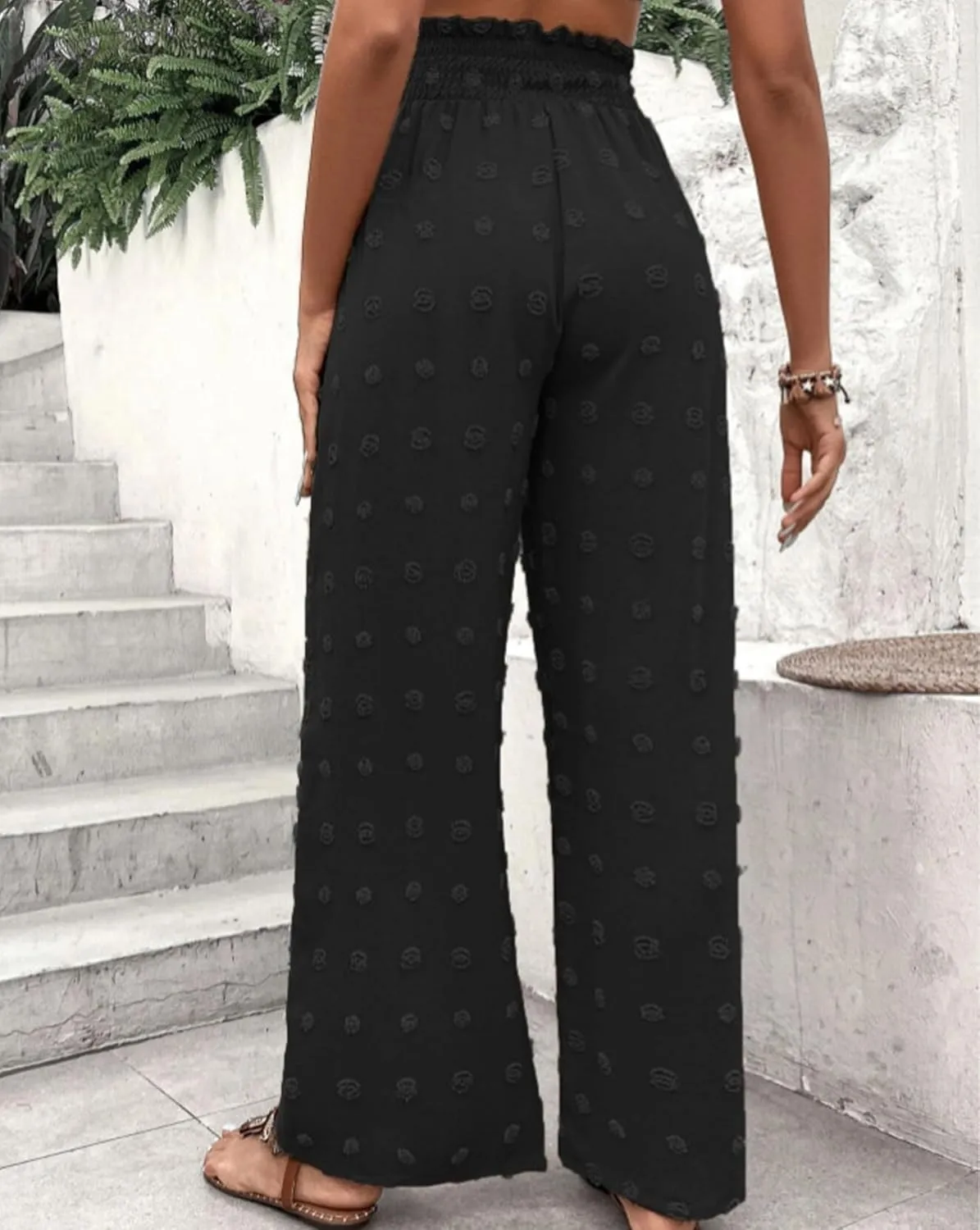 Women's Jacquard Wide Leg Pants with Pockets 2025 Spring Elegant High Waist Adjustable Knot Casual Loose Trousers