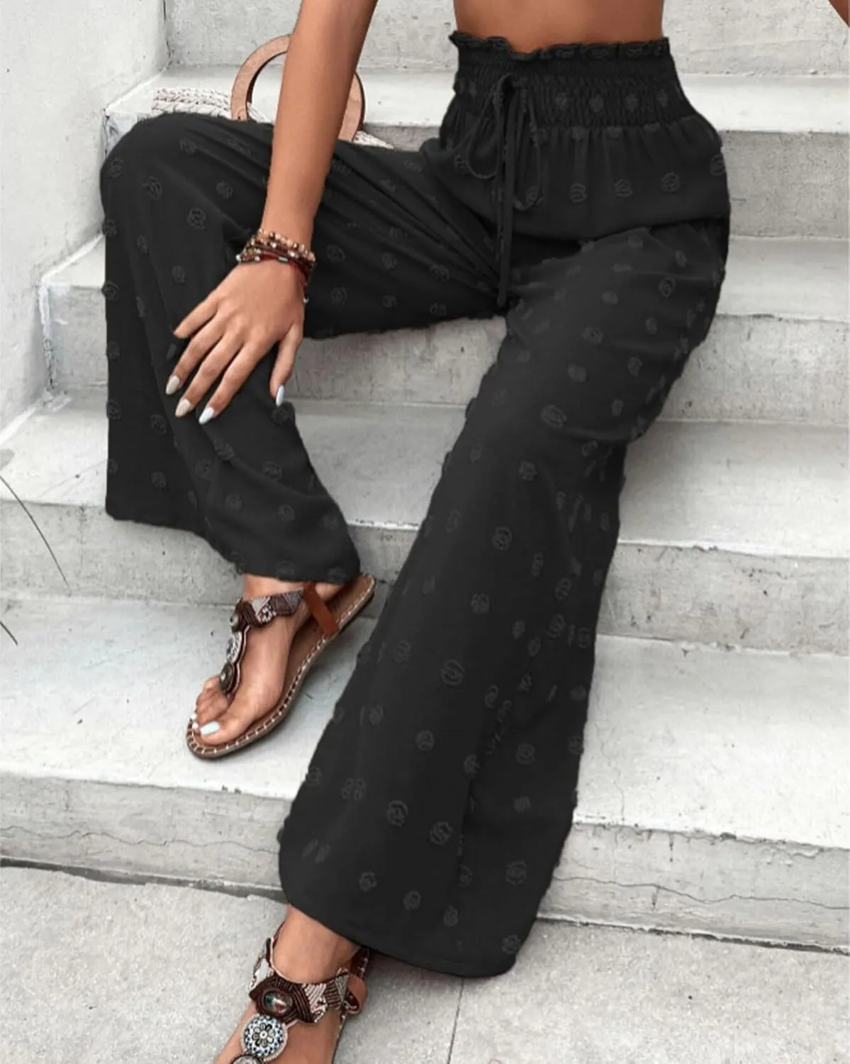 Women's Jacquard Wide Leg Pants with Pockets 2025 Spring Elegant High Waist Adjustable Knot Casual Loose Trousers