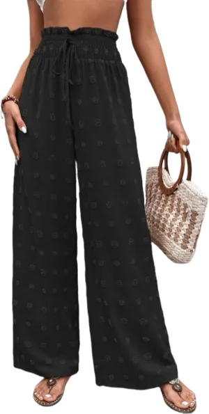 Women's Jacquard Wide Leg Pants with Pockets 2025 Spring Elegant High Waist Adjustable Knot Casual Loose Trousers
