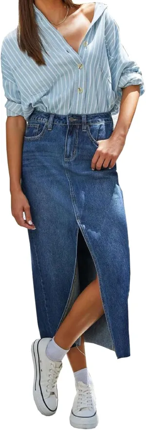 Women's Jean Skirts High Waist Split Denim Skirt Fashion Bodycon Skirt with Pocket Summer Skirt