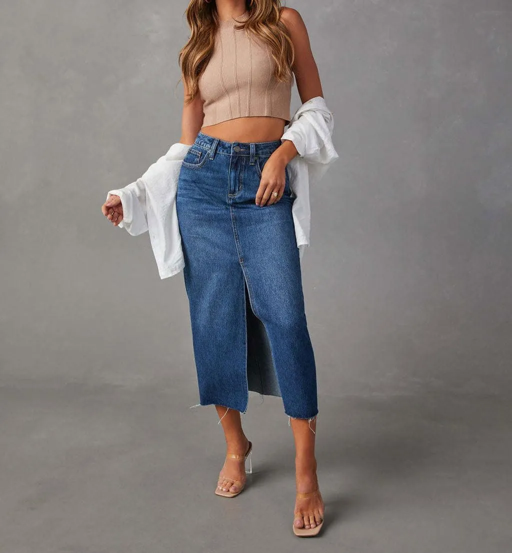 Women's Jean Skirts High Waist Split Denim Skirt Fashion Bodycon Skirt with Pocket Summer Skirt