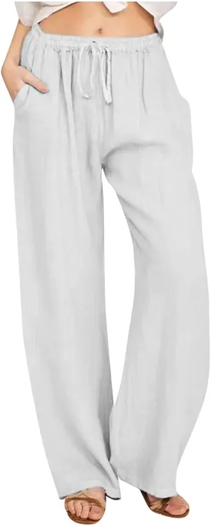 Women's Linen Cotton Pants Summer Drawstring Waist Wide Leg Lounge Palazzo Trouser Casual Loose Yoga Trousers