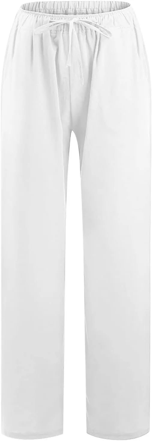 Women's Linen Cotton Pants Summer Drawstring Waist Wide Leg Lounge Palazzo Trouser Casual Loose Yoga Trousers