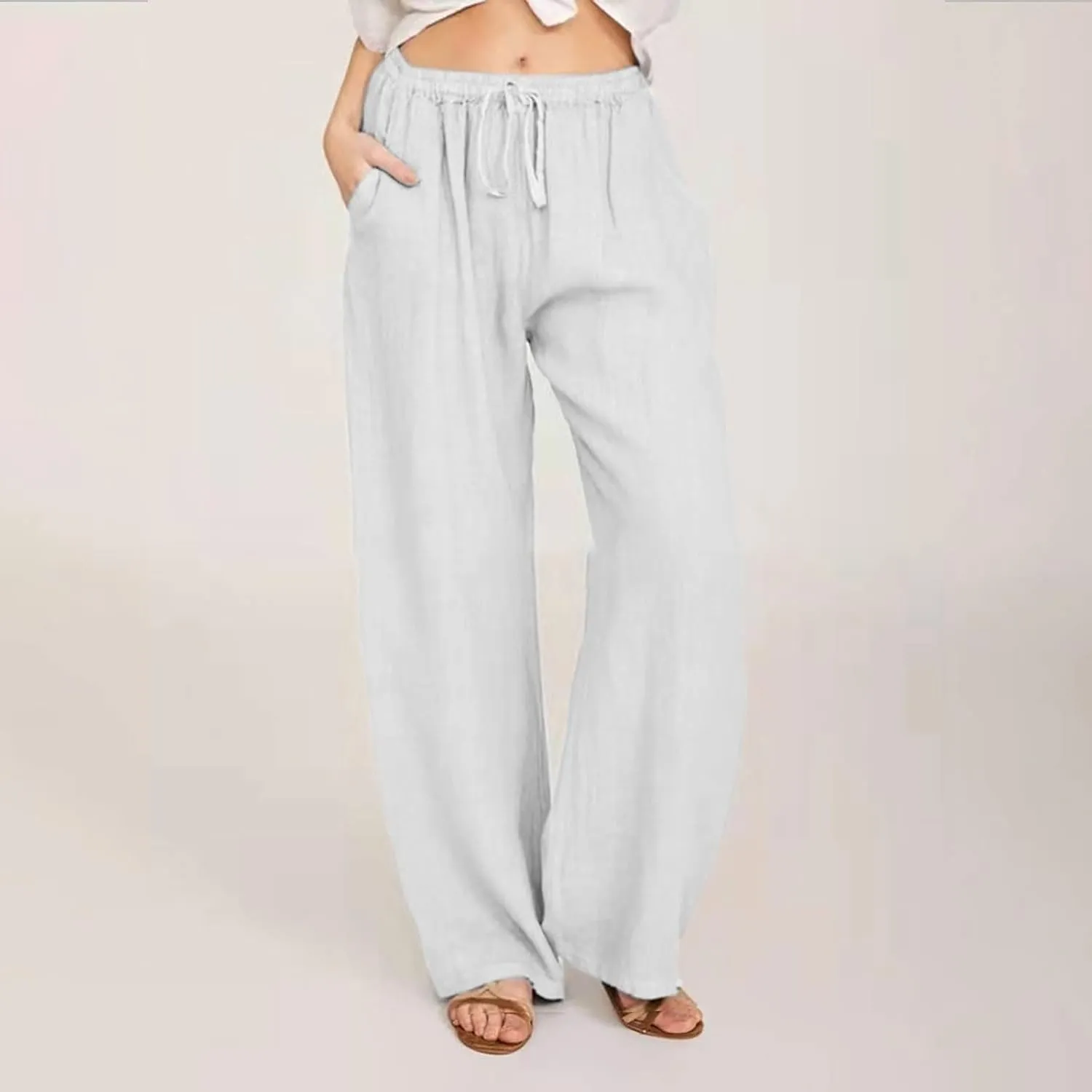 Women's Linen Cotton Pants Summer Drawstring Waist Wide Leg Lounge Palazzo Trouser Casual Loose Yoga Trousers