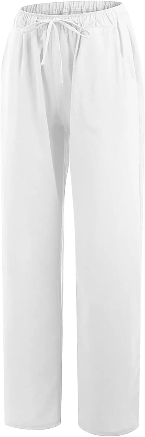 Women's Linen Cotton Pants Summer Drawstring Waist Wide Leg Lounge Palazzo Trouser Casual Loose Yoga Trousers