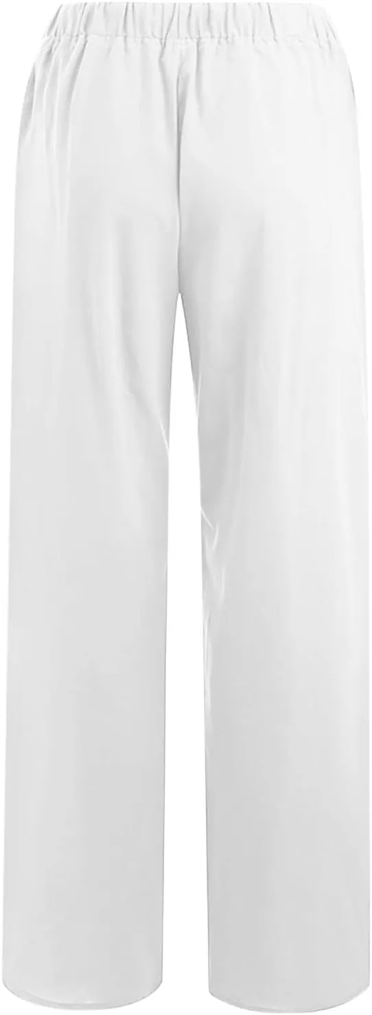 Women's Linen Cotton Pants Summer Drawstring Waist Wide Leg Lounge Palazzo Trouser Casual Loose Yoga Trousers