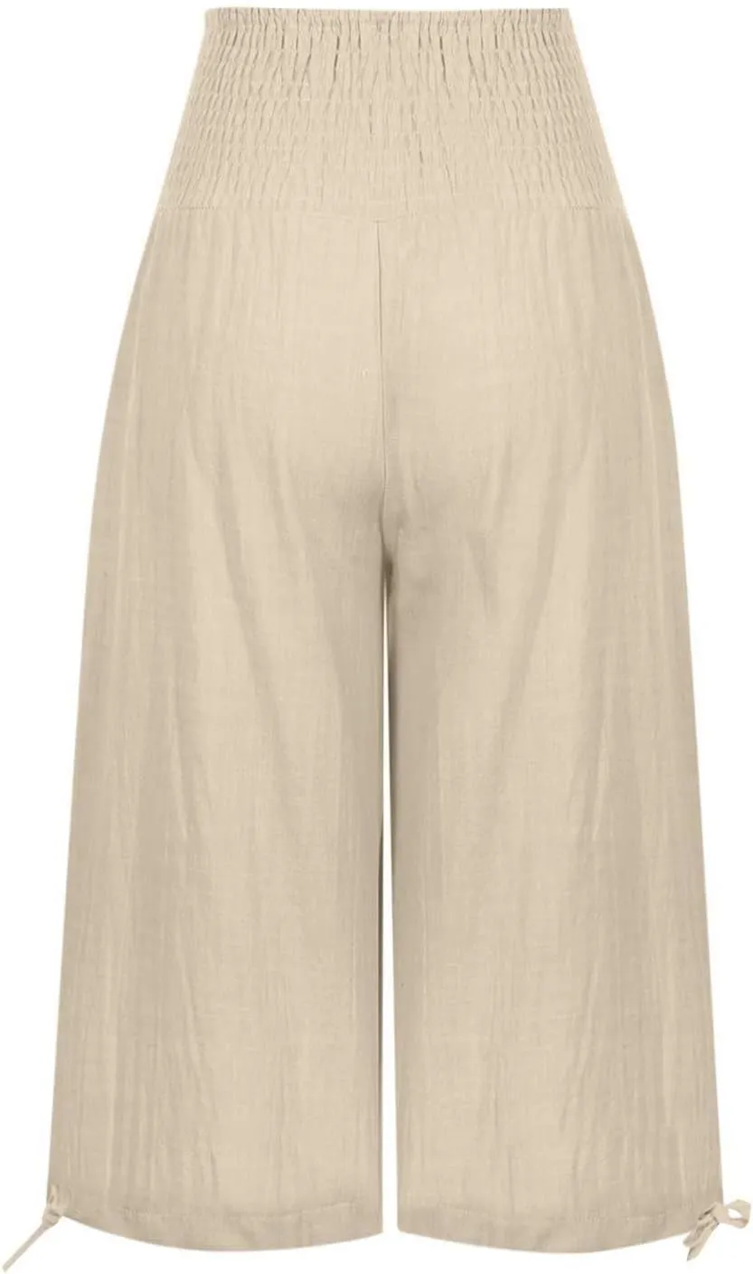 Women's Linen Palazzo Capris Loose 2025 Wide Leg Elastic High Waisted Straight Leg Pant Pocketed Flared Trousers