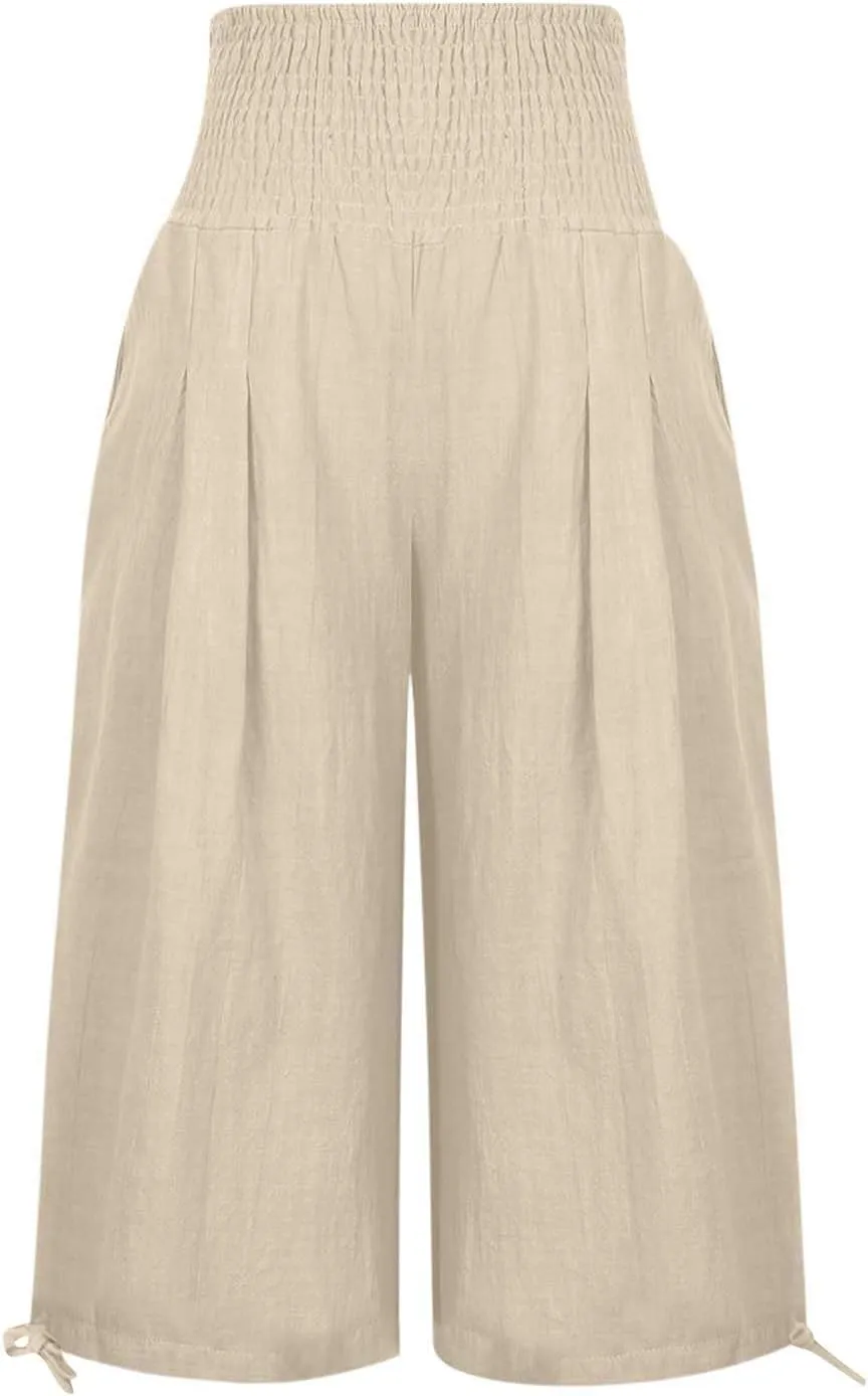 Women's Linen Palazzo Capris Loose 2025 Wide Leg Elastic High Waisted Straight Leg Pant Pocketed Flared Trousers