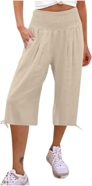 Women's Linen Palazzo Capris Loose 2025 Wide Leg Elastic High Waisted Straight Leg Pant Pocketed Flared Trousers