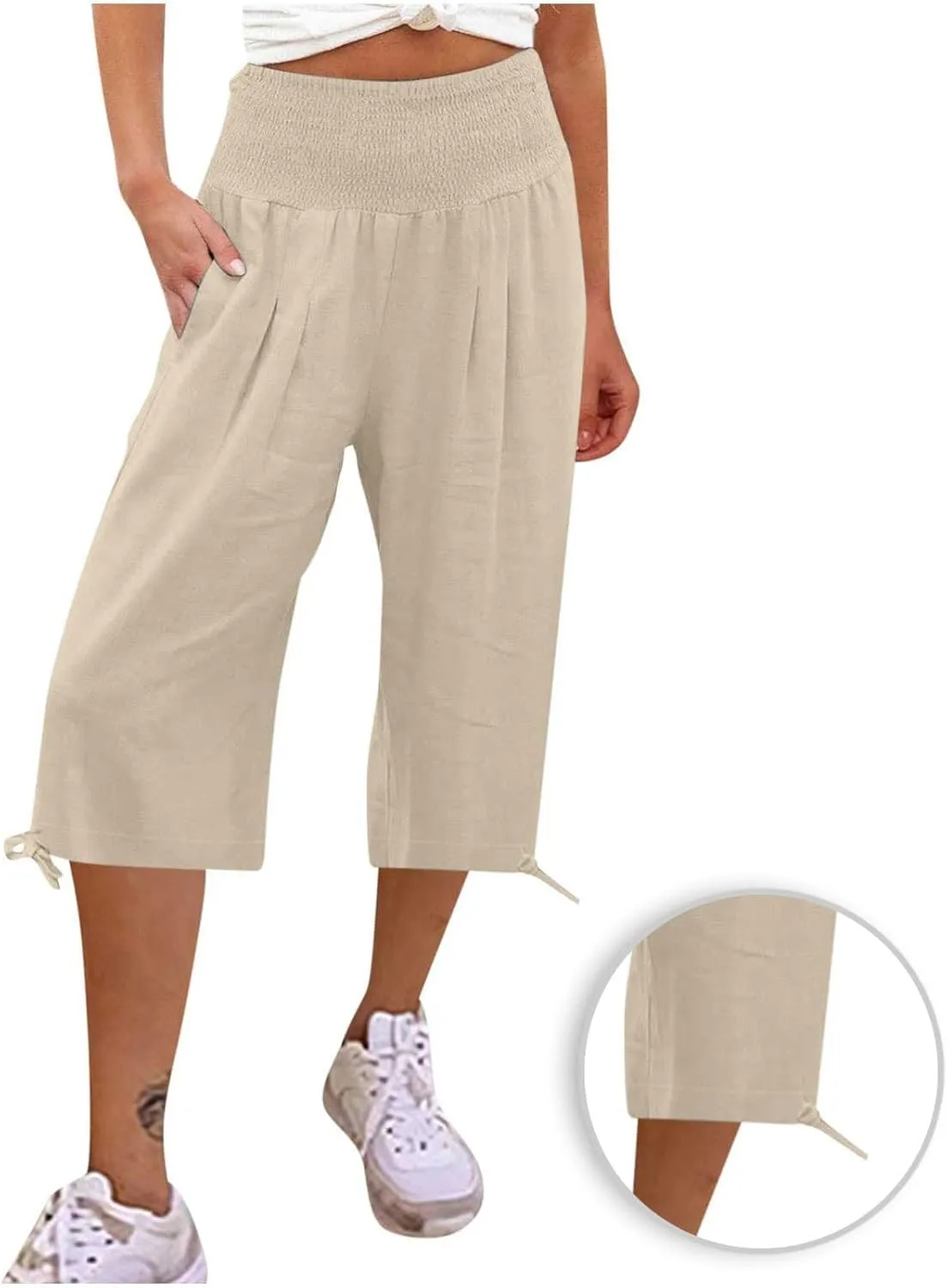 Women's Linen Palazzo Capris Loose 2025 Wide Leg Elastic High Waisted Straight Leg Pant Pocketed Flared Trousers