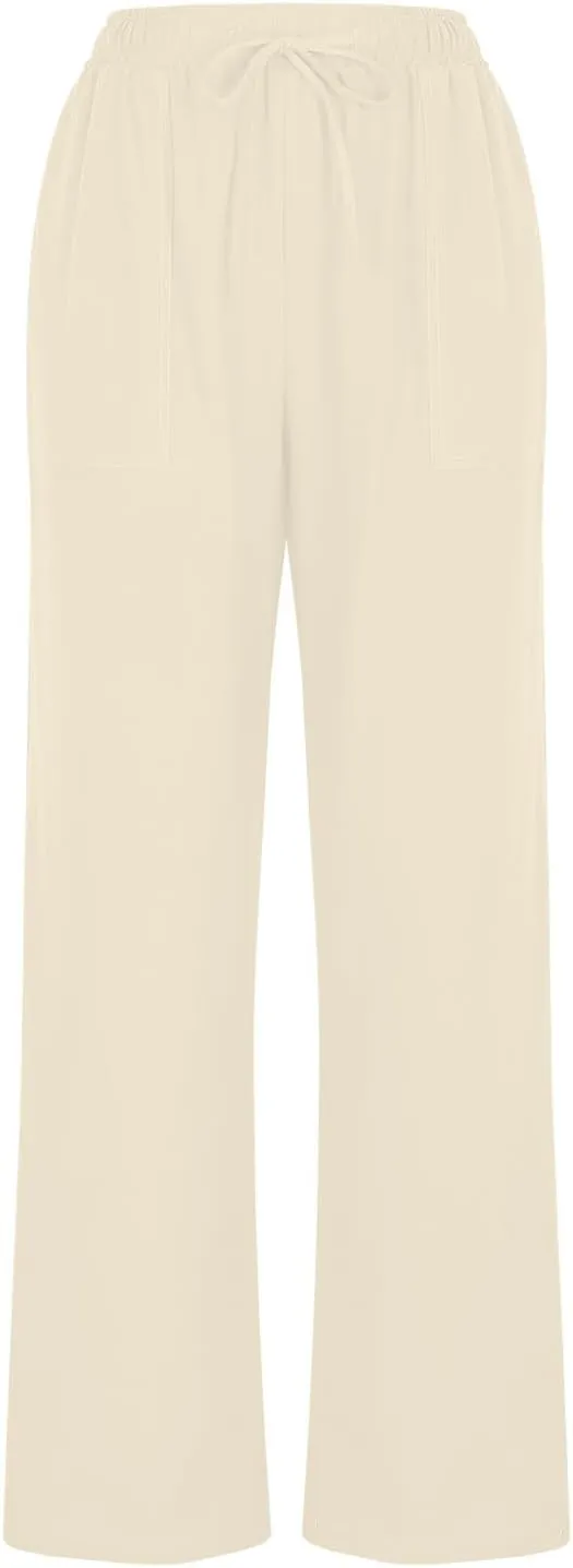 Women's Linen Palazzo Pants Summer 2025 High Waisted Drawstring Trousers Plus Size Trendy Lounge Pant with Pockets