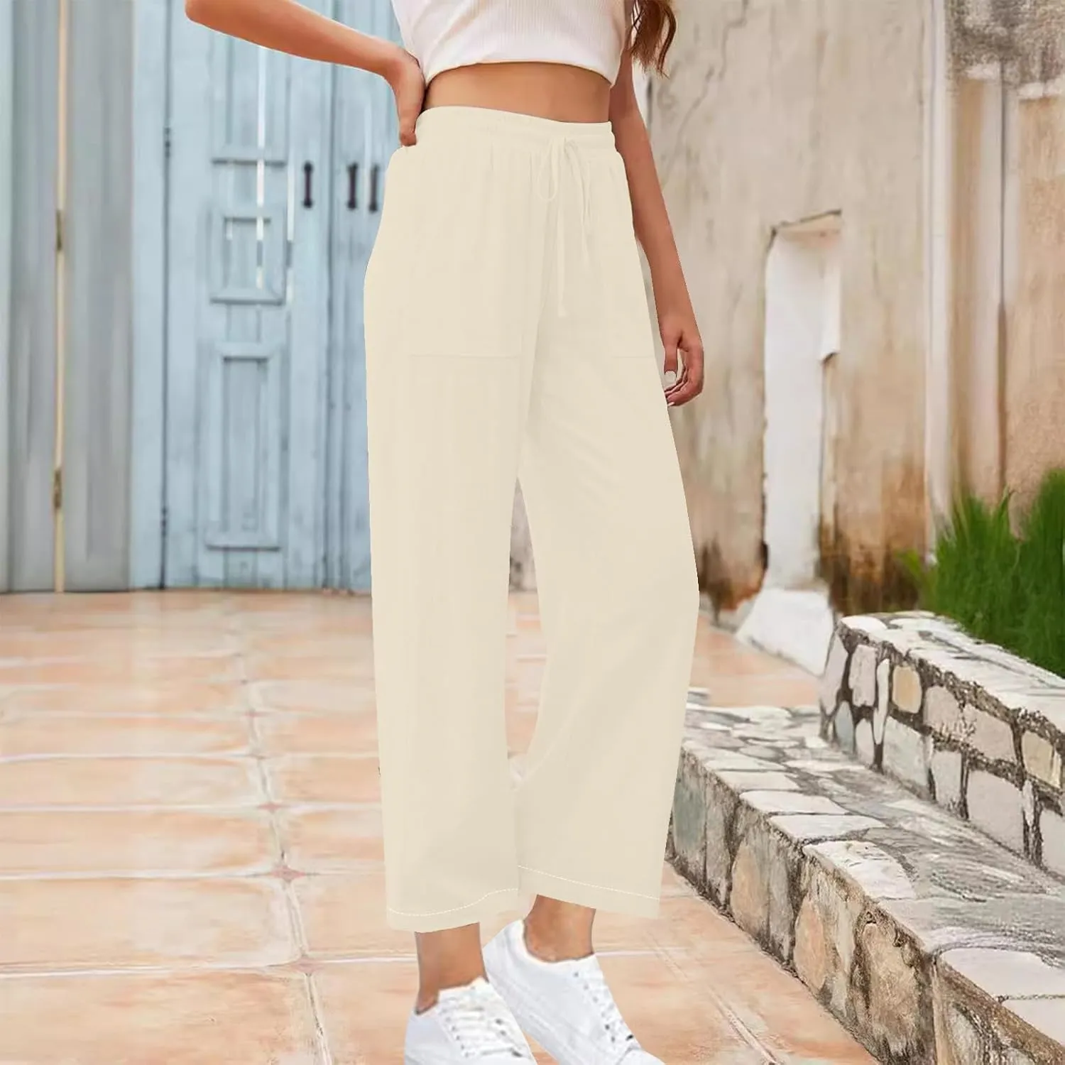 Women's Linen Palazzo Pants Summer 2025 High Waisted Drawstring Trousers Plus Size Trendy Lounge Pant with Pockets