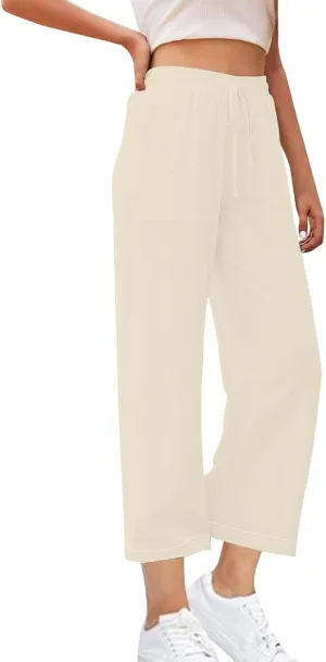 Women's Linen Palazzo Pants Summer 2025 High Waisted Drawstring Trousers Plus Size Trendy Lounge Pant with Pockets