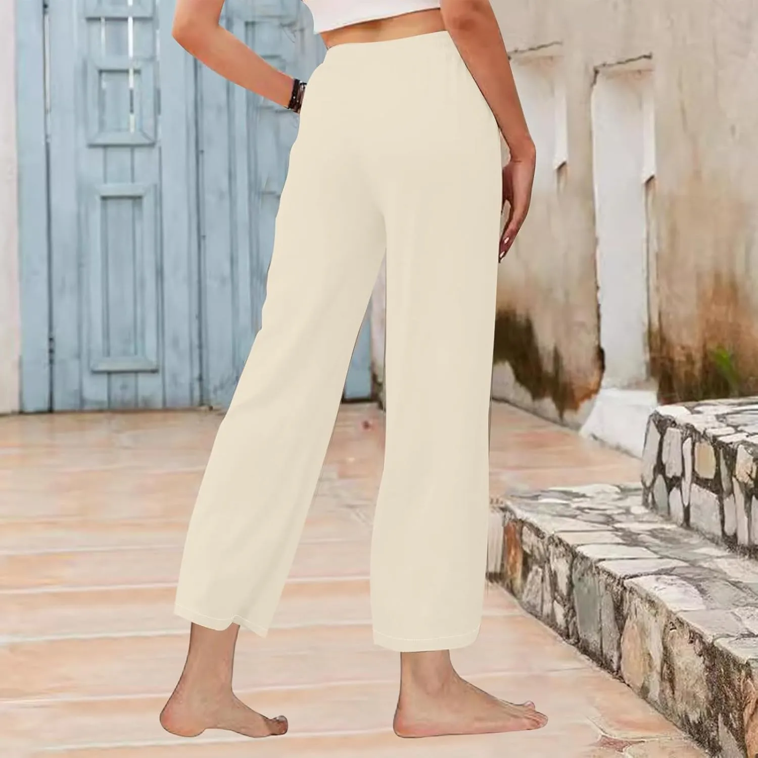 Women's Linen Palazzo Pants Summer 2025 High Waisted Drawstring Trousers Plus Size Trendy Lounge Pant with Pockets