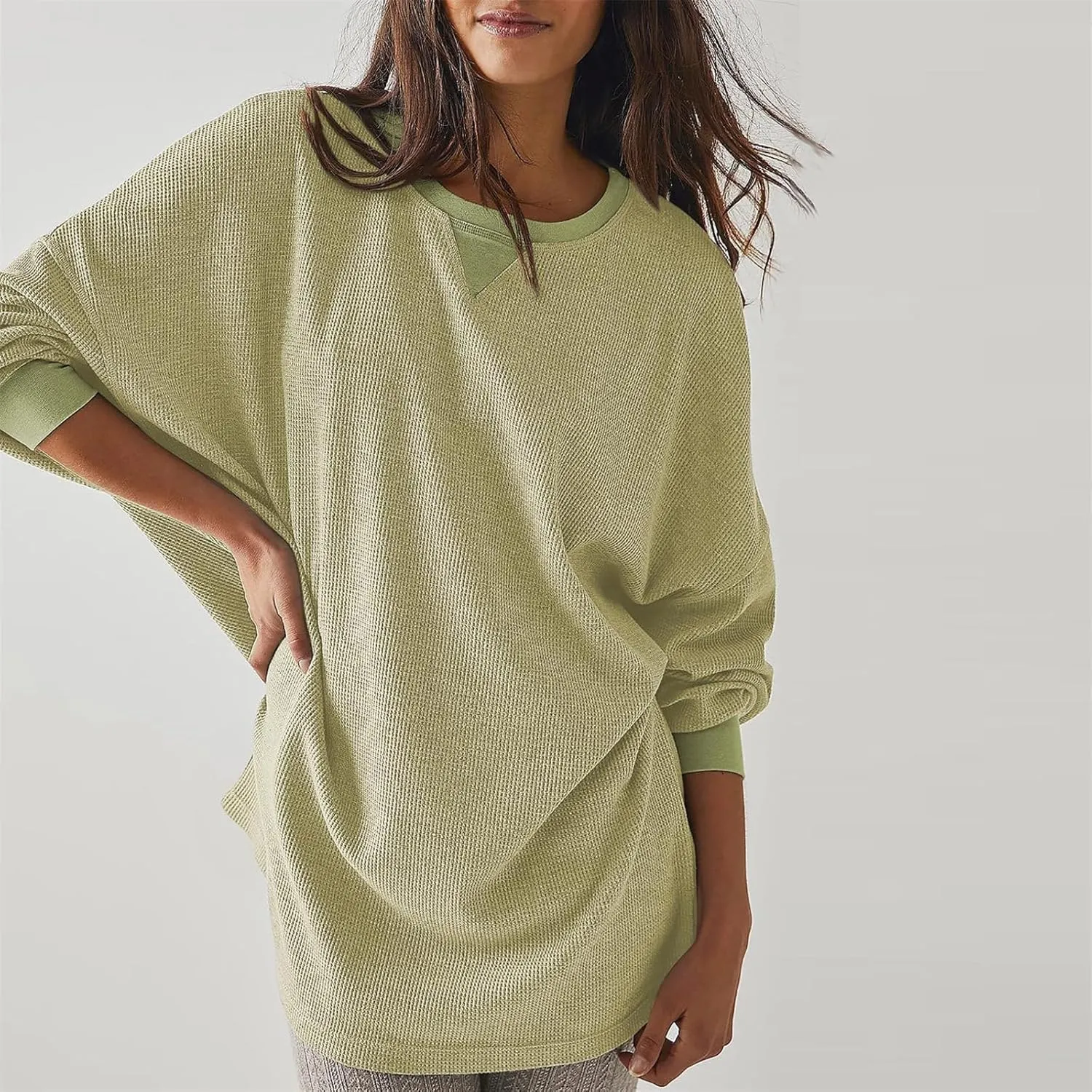 Womens Long Sleeve Crewneck Sweatshirt Trendy 2024 Casual Waffle Knit Pullover Tops Oversized Fall Sweatshirts