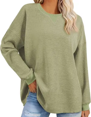 Womens Long Sleeve Crewneck Sweatshirt Trendy 2024 Casual Waffle Knit Pullover Tops Oversized Fall Sweatshirts