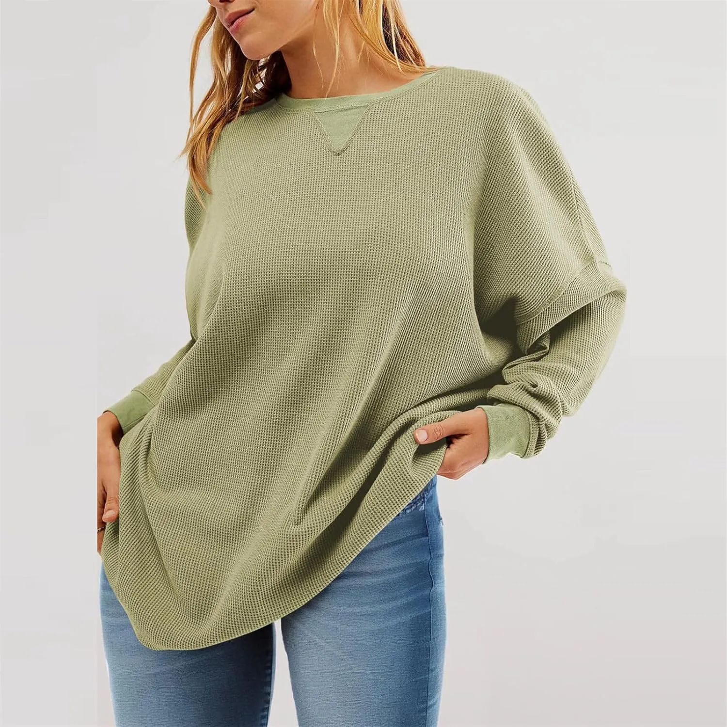 Womens Long Sleeve Crewneck Sweatshirt Trendy 2024 Casual Waffle Knit Pullover Tops Oversized Fall Sweatshirts