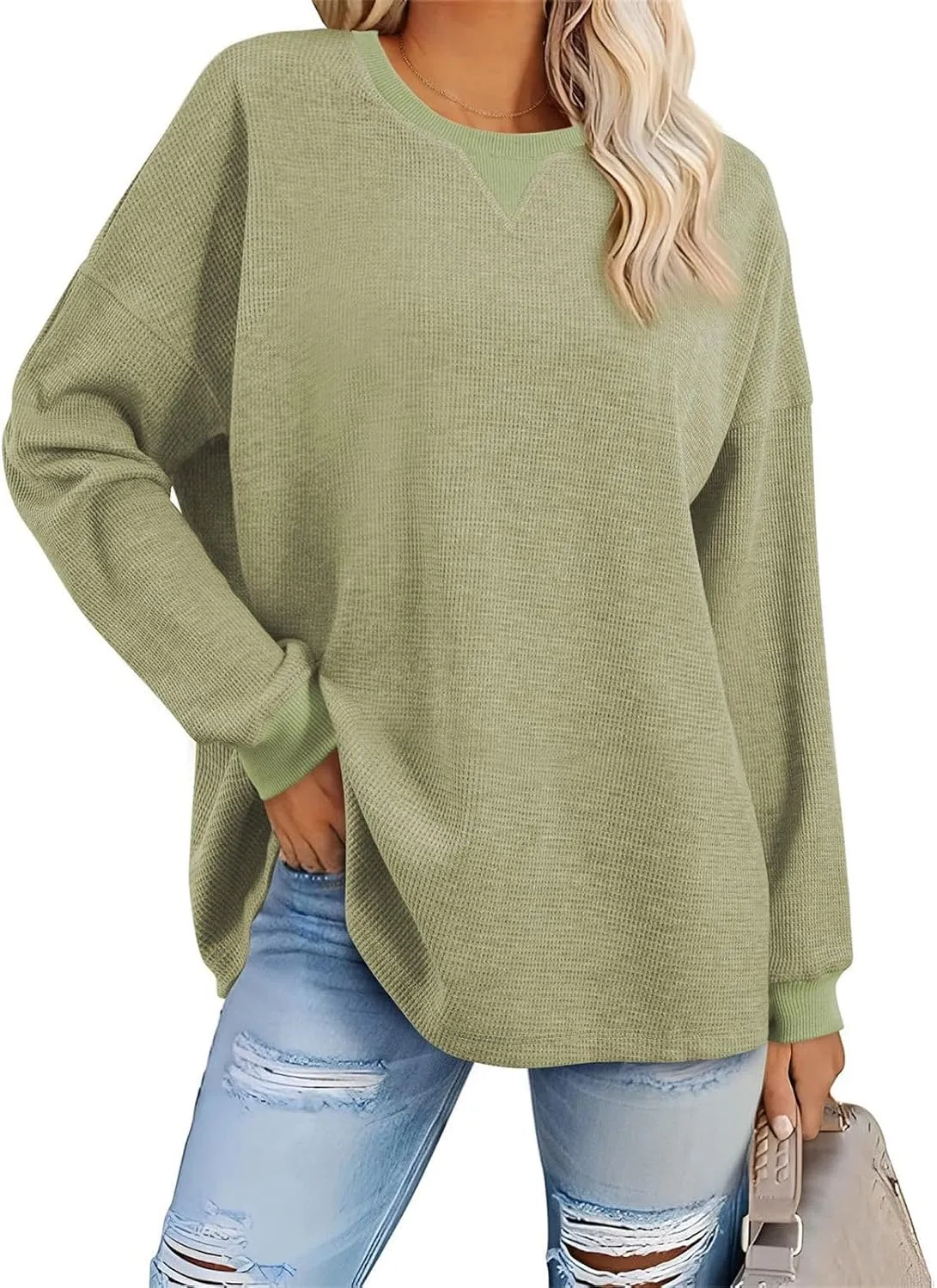 Womens Long Sleeve Crewneck Sweatshirt Trendy 2024 Casual Waffle Knit Pullover Tops Oversized Fall Sweatshirts