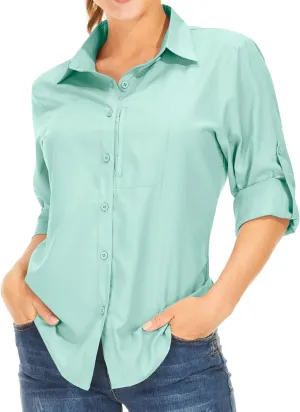 Women's Long Sleeve Safari Clothes UPF 50  Hiking Fishing Shirts,Sun Protection Quick Dry Light Cooling Shirts(5019 Green XS)
