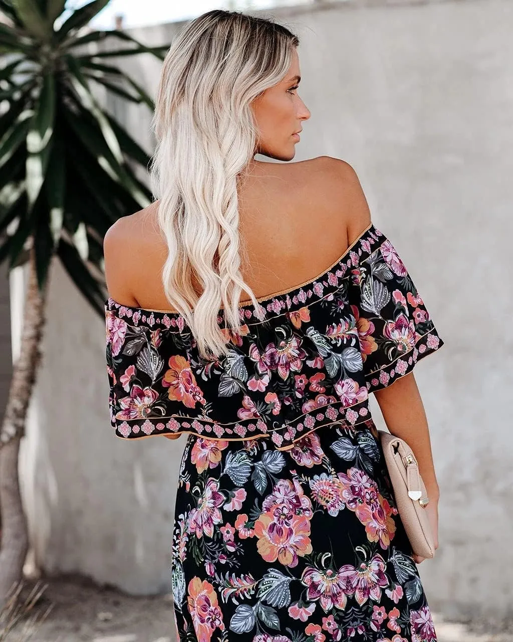 Women's Mexican Off Shoulder Maxi Dress Summer Loose Floral Print Ruffle Neck Sleeveless Beach Vacation Maxi Dress