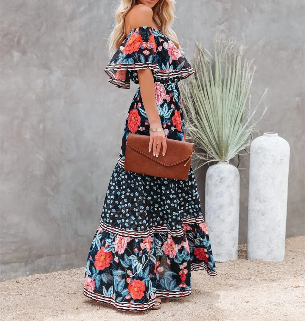 Women's Mexican Off Shoulder Maxi Dress Summer Loose Floral Print Ruffle Neck Sleeveless Beach Vacation Maxi Dress