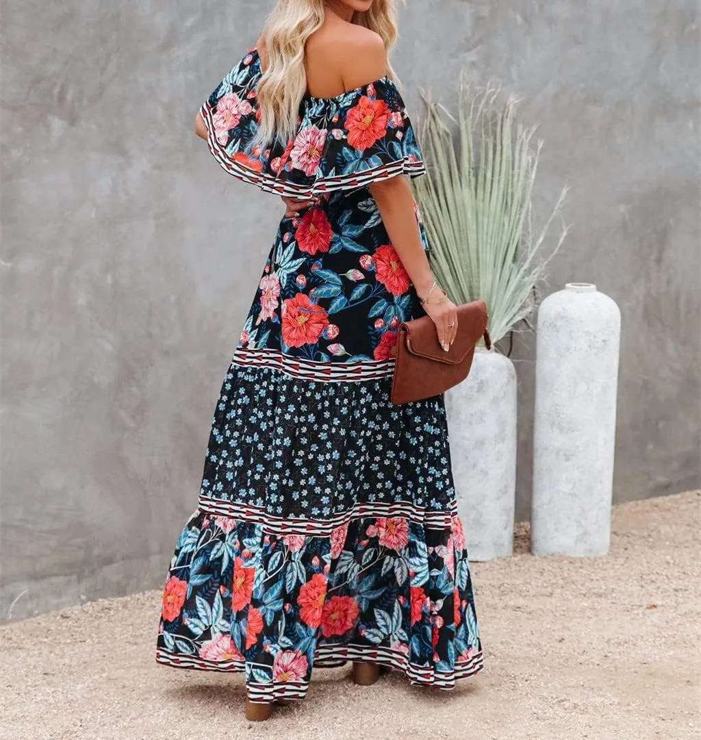 Women's Mexican Off Shoulder Maxi Dress Summer Loose Floral Print Ruffle Neck Sleeveless Beach Vacation Maxi Dress
