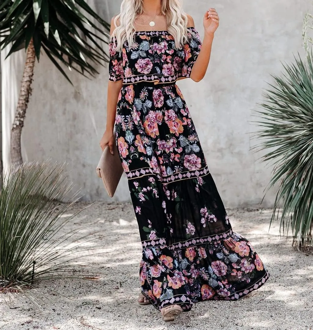 Women's Mexican Off Shoulder Maxi Dress Summer Loose Floral Print Ruffle Neck Sleeveless Beach Vacation Maxi Dress