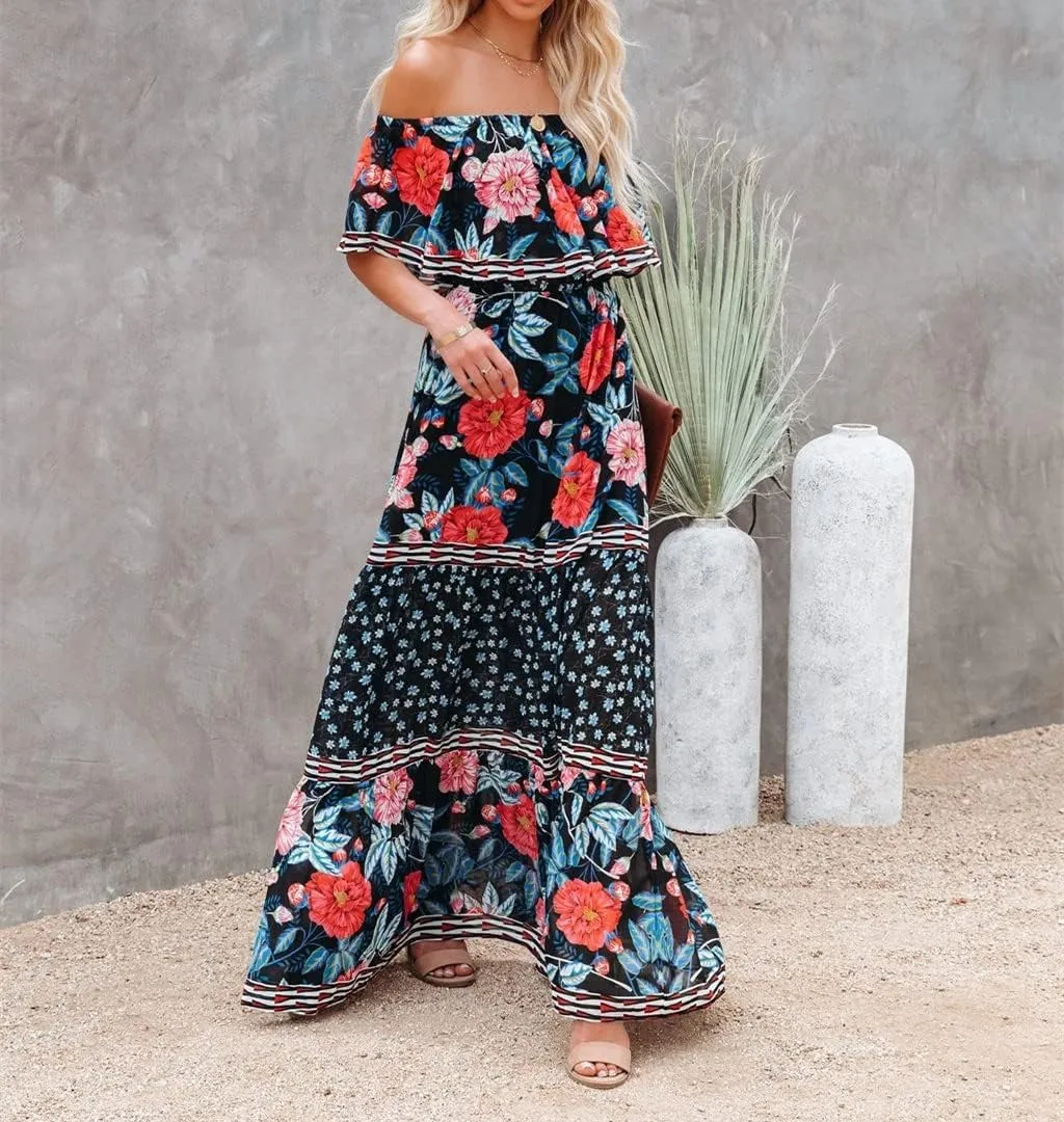 Women's Mexican Off Shoulder Maxi Dress Summer Loose Floral Print Ruffle Neck Sleeveless Beach Vacation Maxi Dress