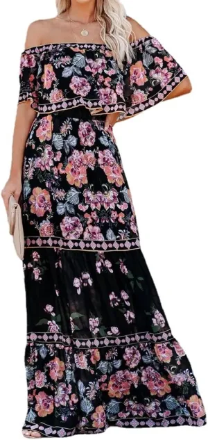 Women's Mexican Off Shoulder Maxi Dress Summer Loose Floral Print Ruffle Neck Sleeveless Beach Vacation Maxi Dress